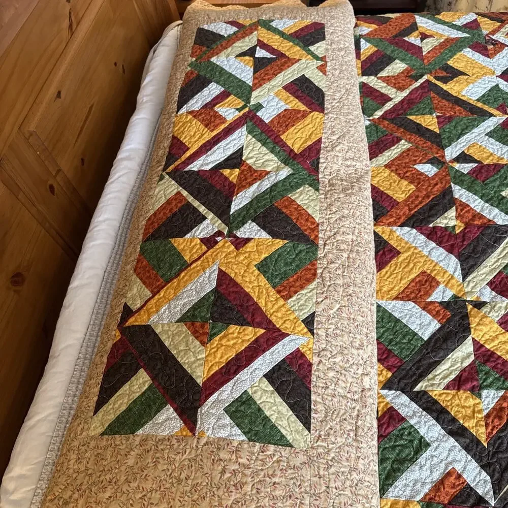 Amazing Vintage Handmade Joyful Plaid Quilt With Pillow Tuck Queen